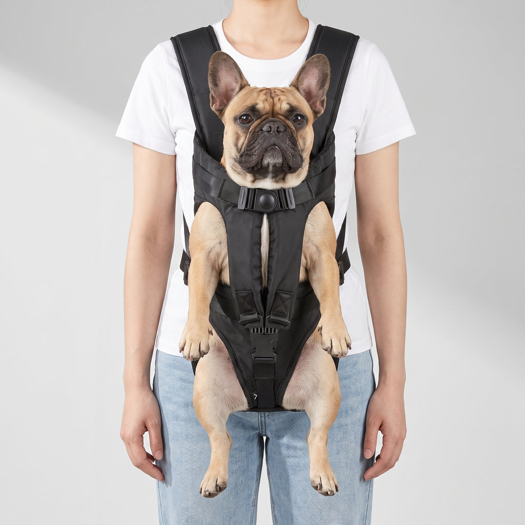 Dog Backpack Carrier in Durable Polyester with a French Bulldog, studio photo