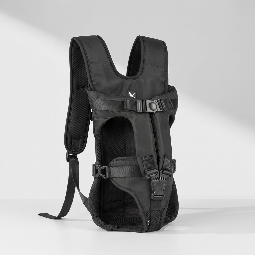Dog Backpack Carrier in Durable Polyester, studio photo on a light grey background