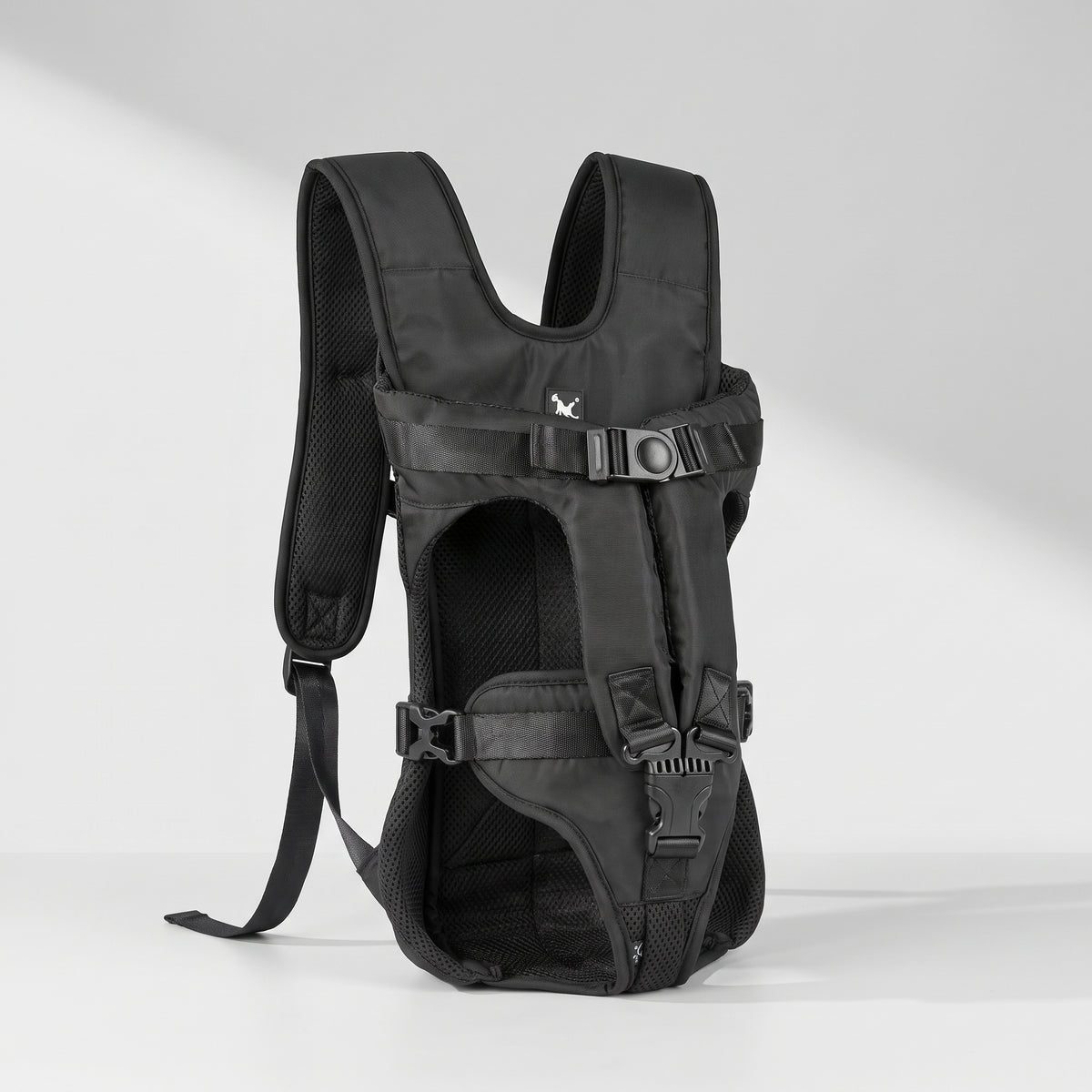 Dog Backpack Carrier in Durable Polyester, studio photo on a light grey background