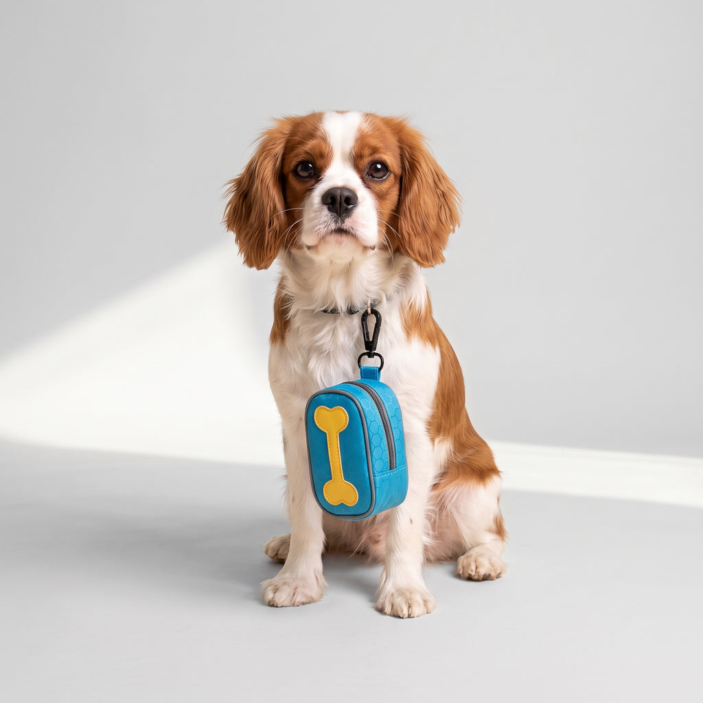Dog Bag Dispenser with a Cavalier King Charles, studio photo