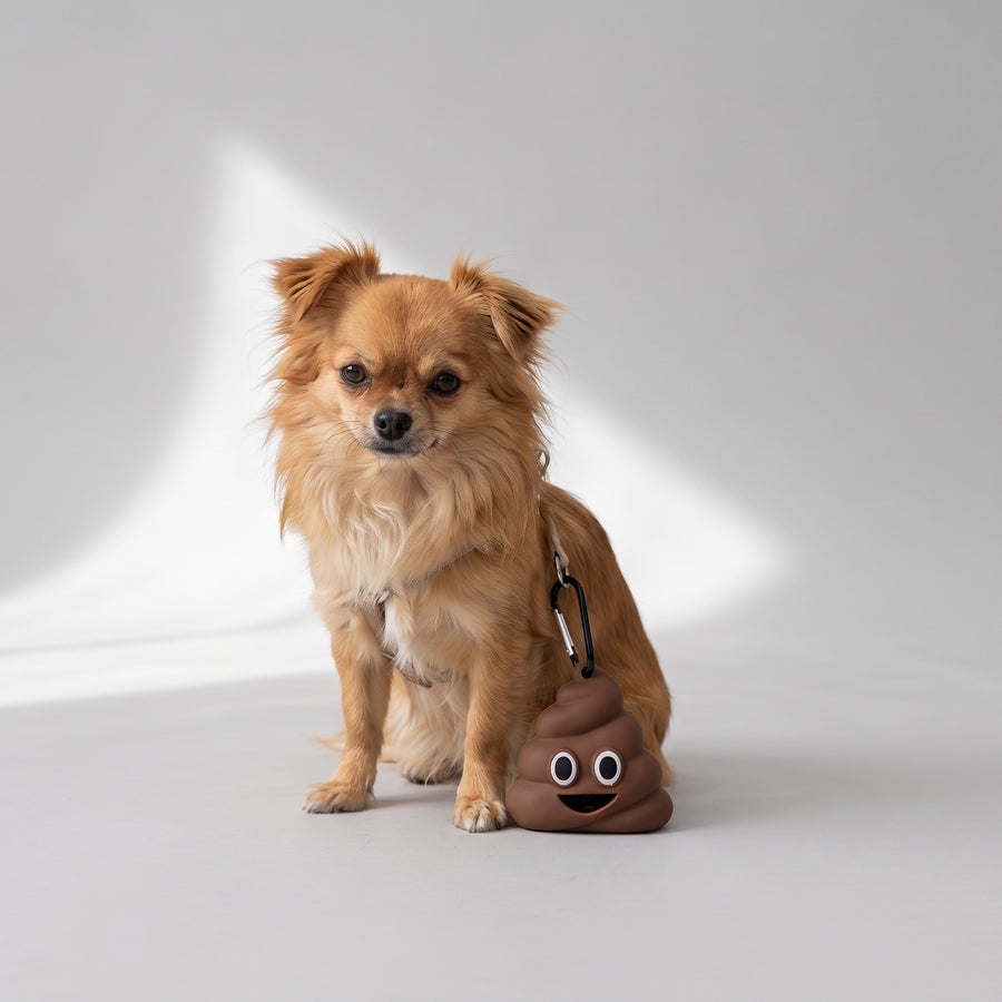 Cute poop bag dispenser design in the shape of a poop, making it a fun and eye-catching accessory for dog owners.