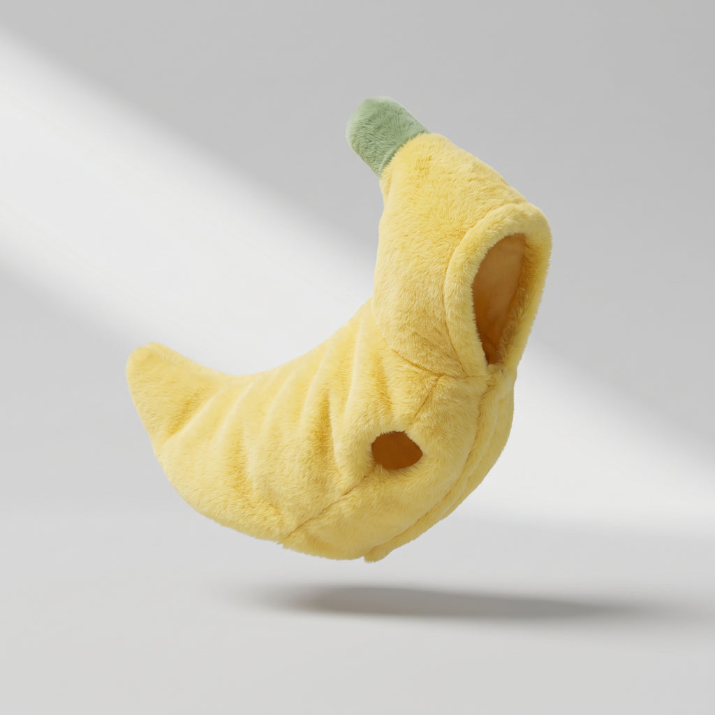Dog Banana Costume, studio photo on a light grey background