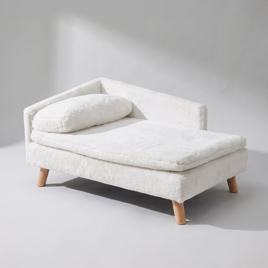 Elevated Dog Bed Sofa, White Couch Style, studio photo on a light grey background