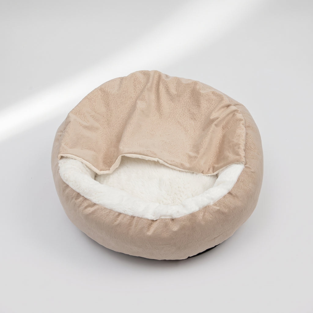 Dog Bed With Hooded Blanket, studio photo on a light grey background