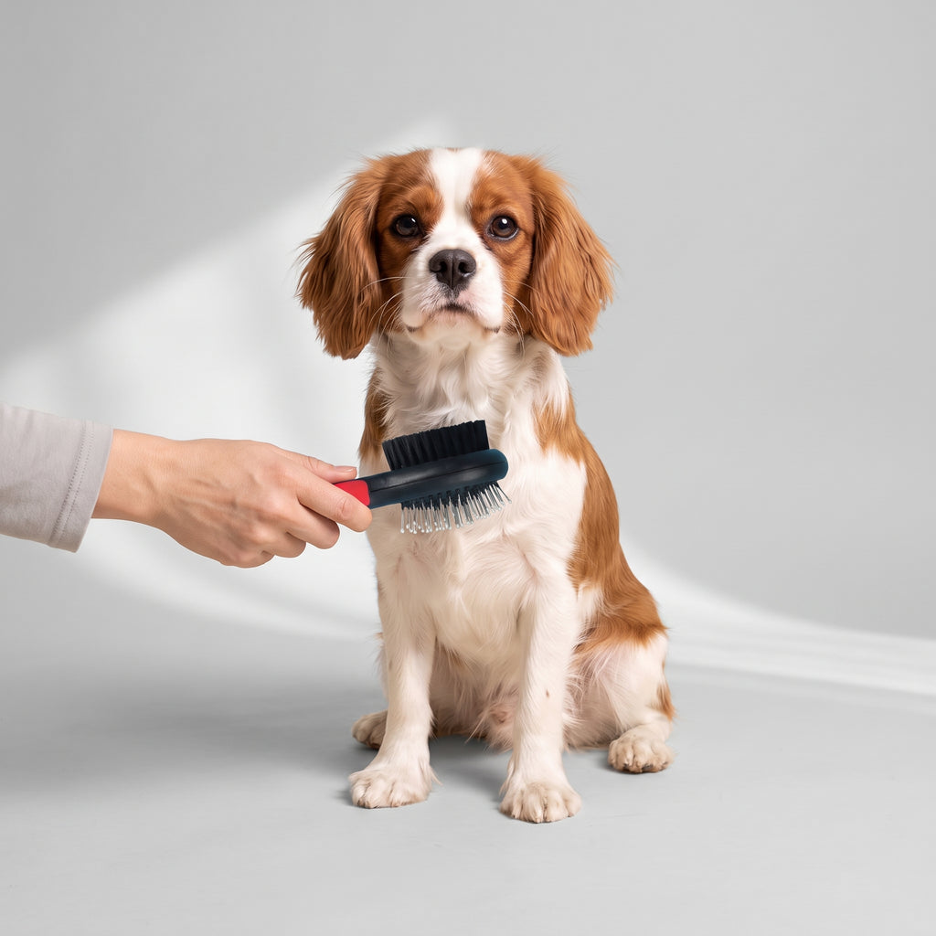 Dog Brush For Long Hair with a Cavalier King Charles, studio photo
