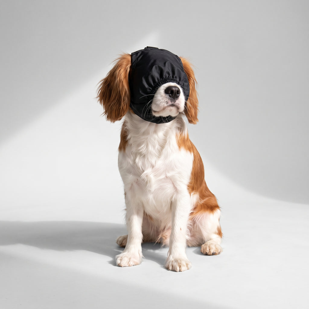 Dog Calming Cap Eye Mask with a Cavalier King Charles, studio photo