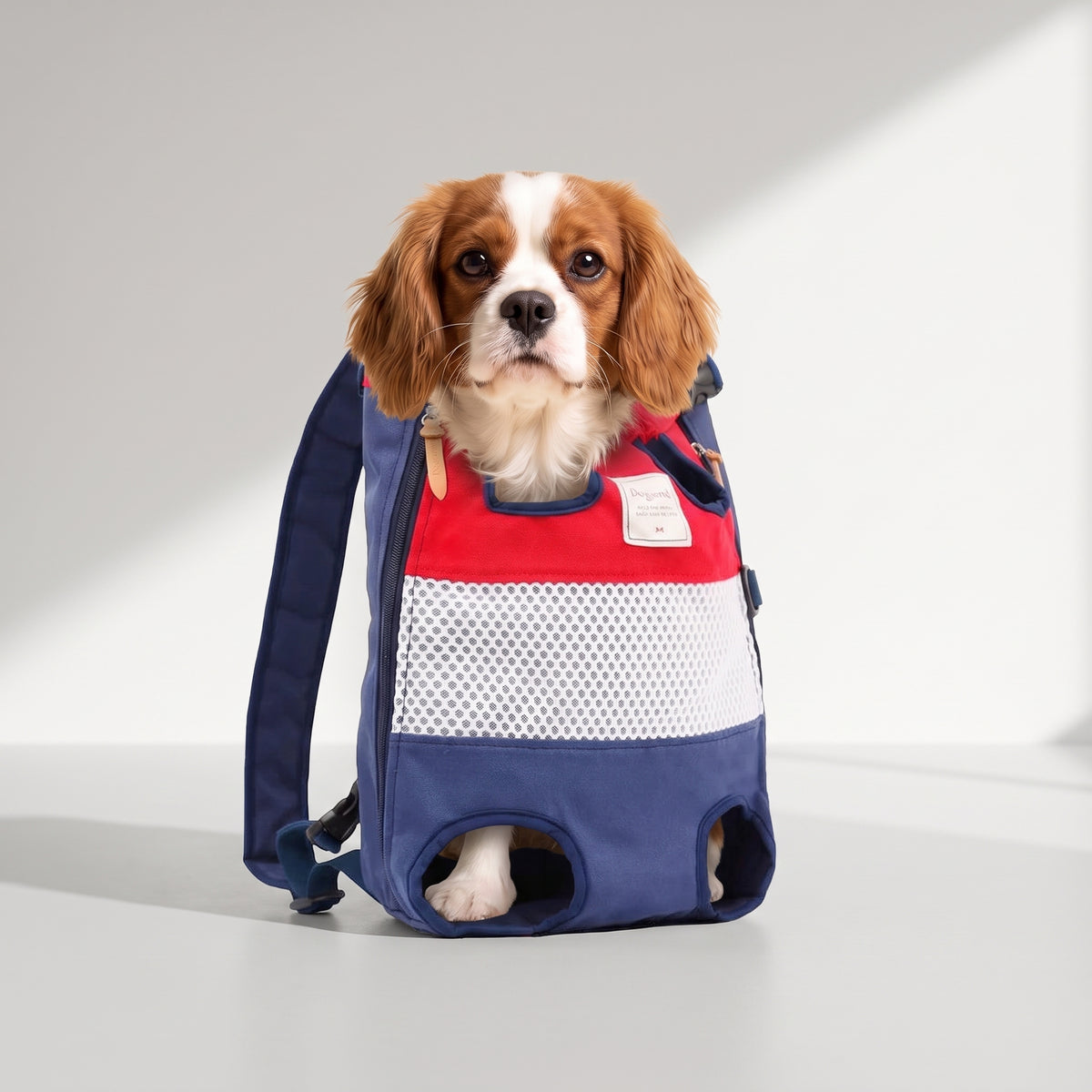 Dog Carry Backpack with a Cavalier King Charles, studio photo
