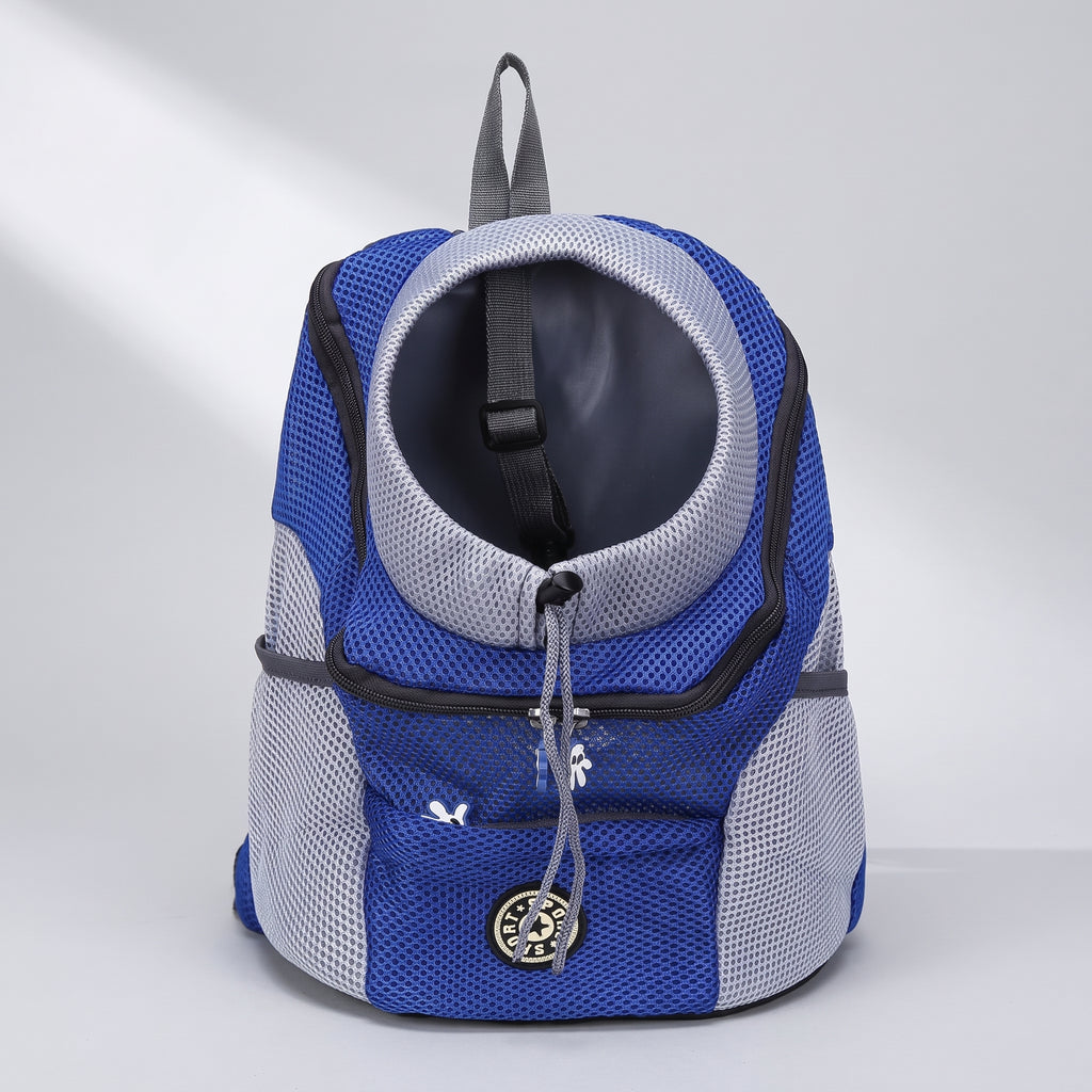 Dog Carrying Backpack, studio photo on a light grey background