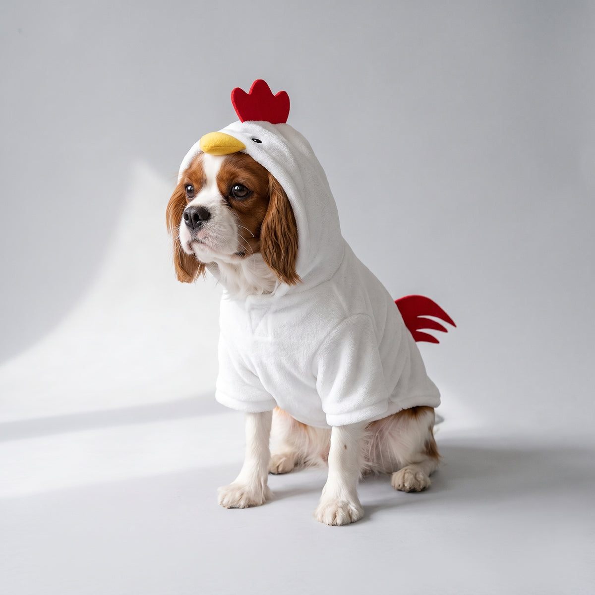 Dog Chicken Costume with a Cavalier King Charles, studio photo