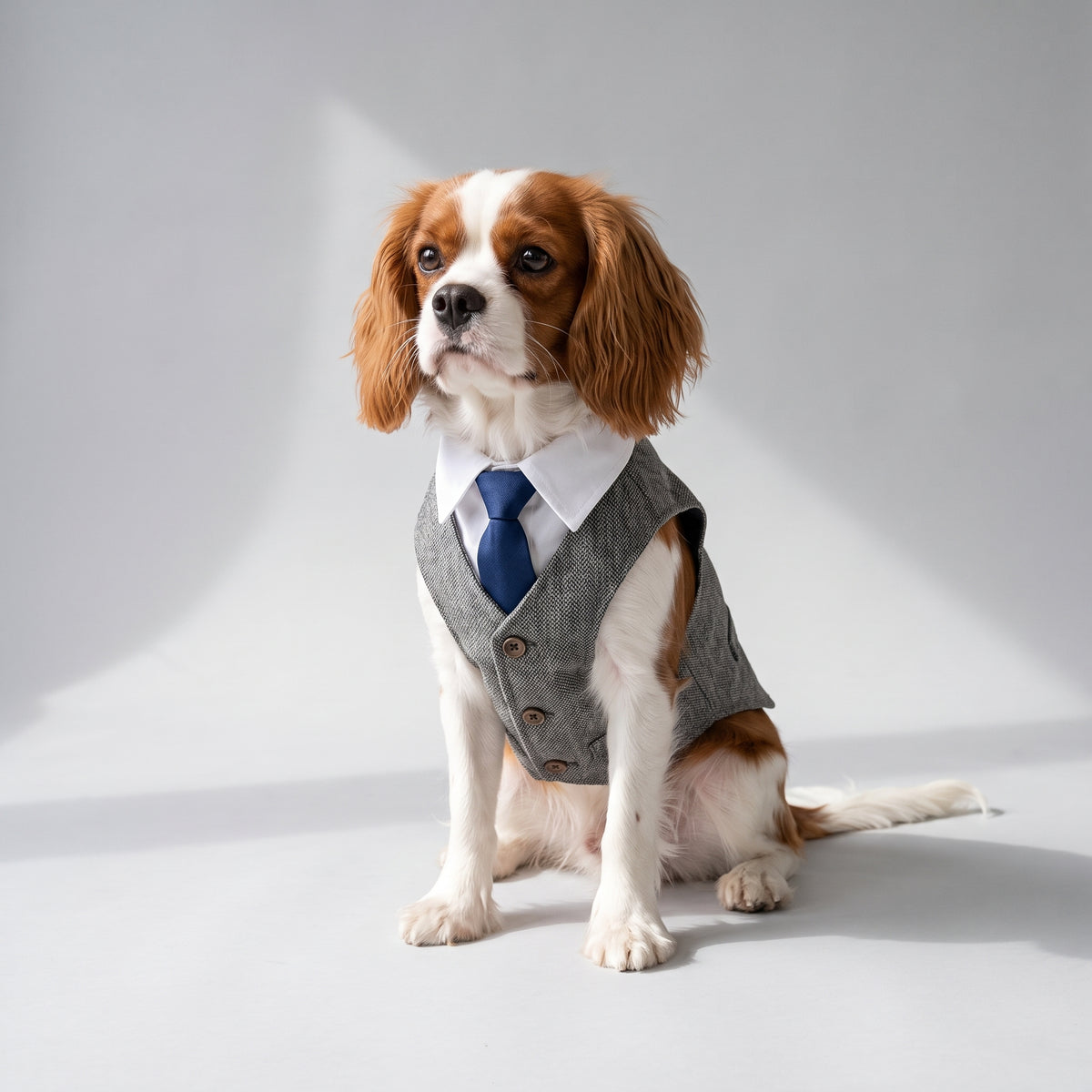Dog Wedding Suit with Coat or Vest with a Cavalier King Charles, studio photo