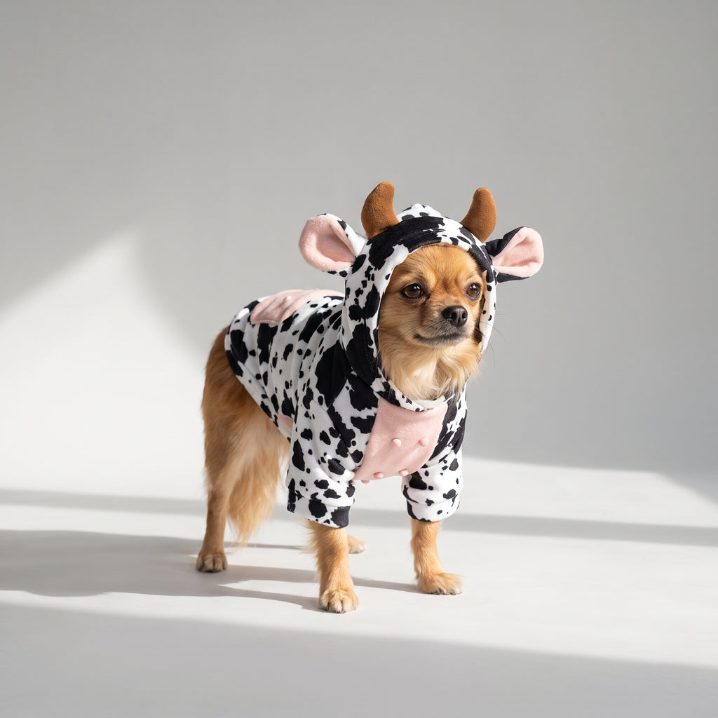 White Cow Dog Costume in Soft Polyester with a chihuahua, studio photo