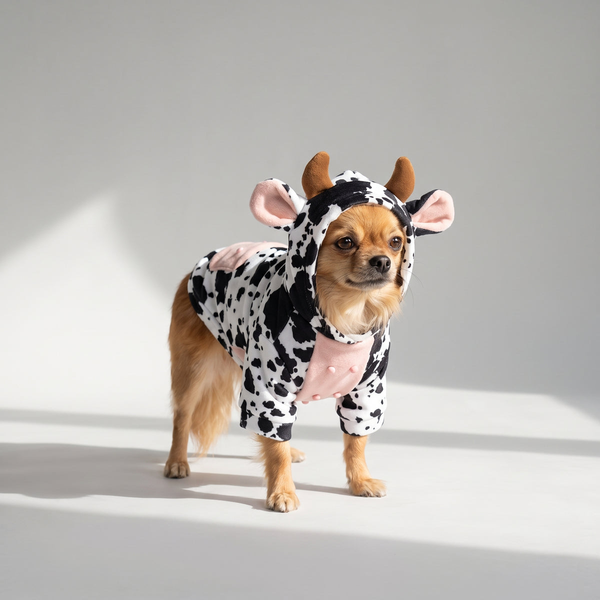 White Cow Dog Costume in Soft Polyester with a chihuahua, studio photo