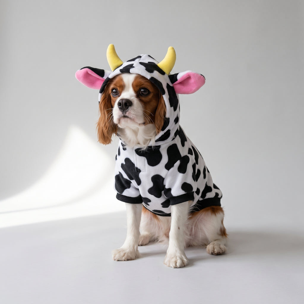 Cow Print Dog Costume for Halloween with a Cavalier King Charles, studio photo