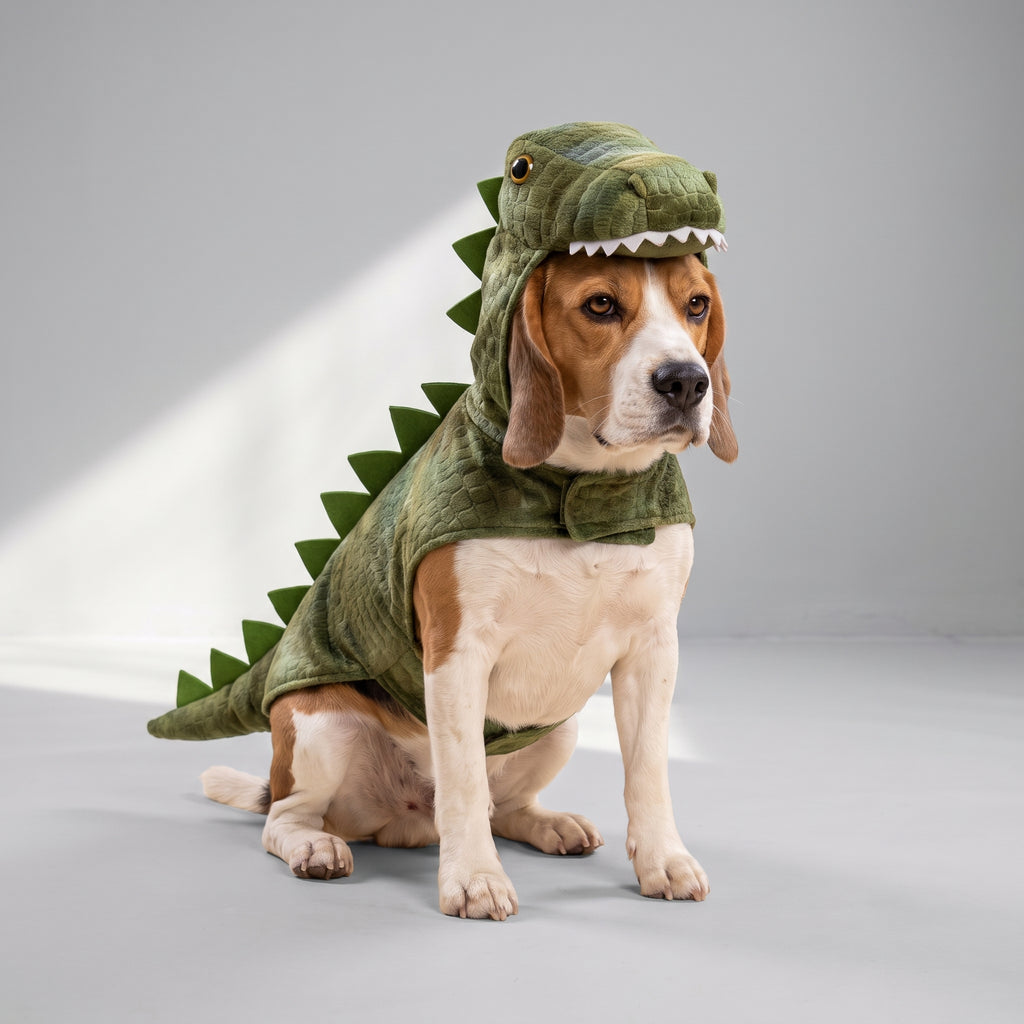 Green Dinosaur Costume for Dogs and Puppies with a beagle, studio photo