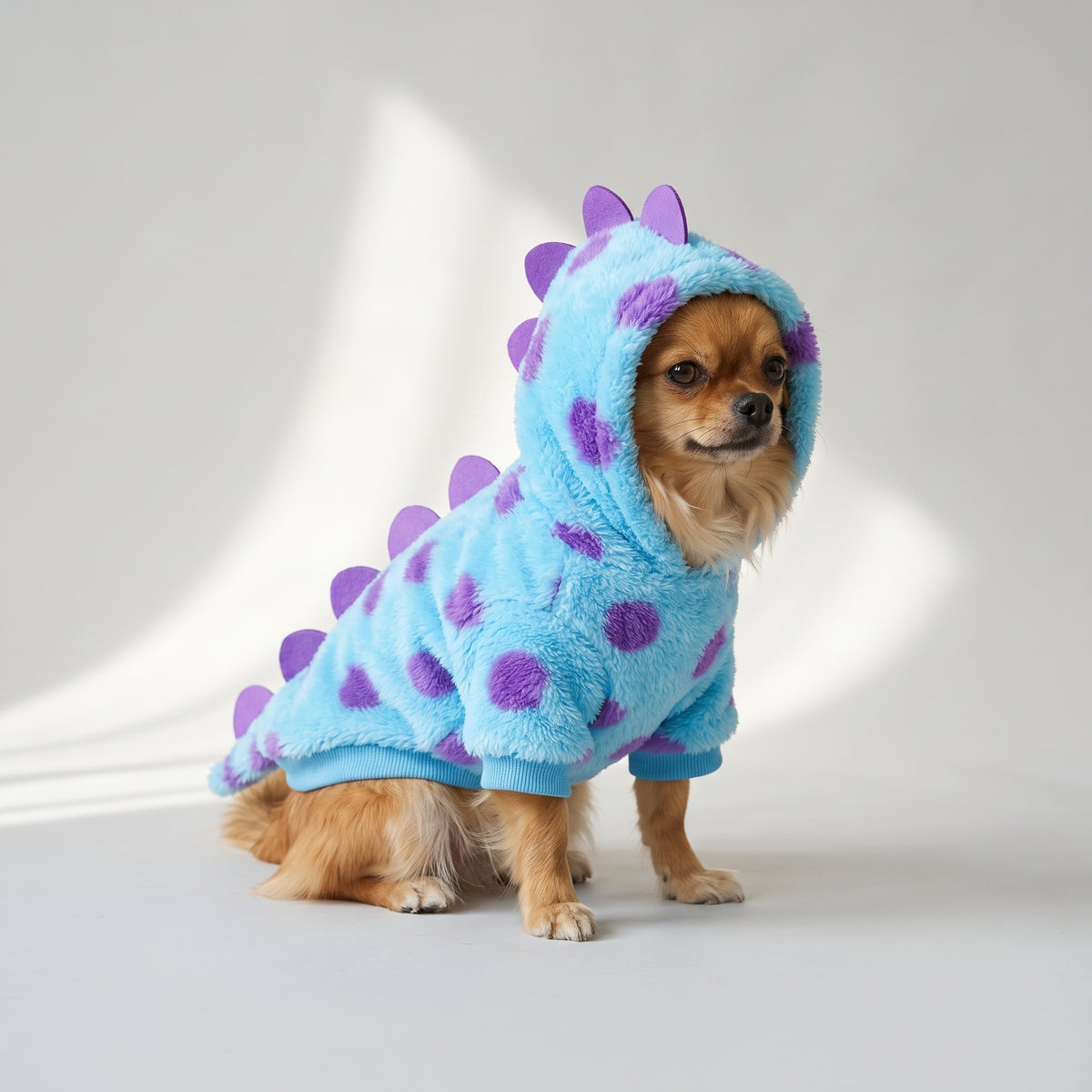 Dog Dinosaur Hoodie with a chihuahua, studio photo