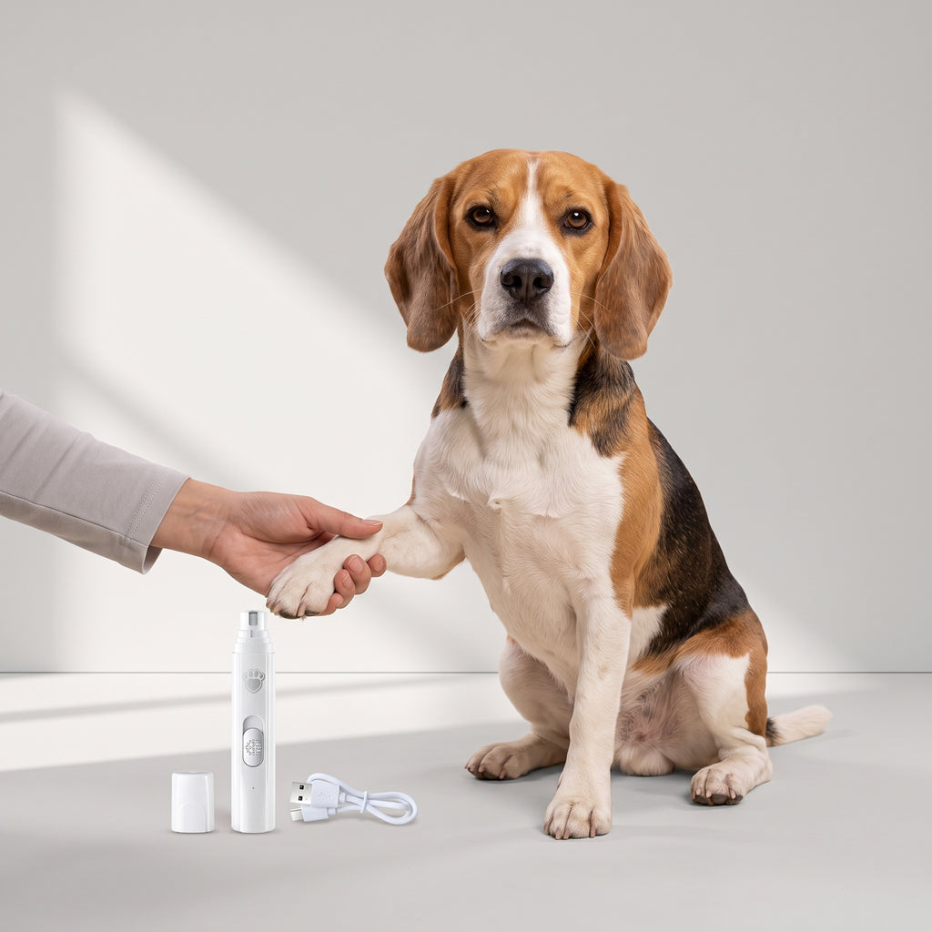 Dog Electric Nail Grinder in White or Green with a beagle, studio photo