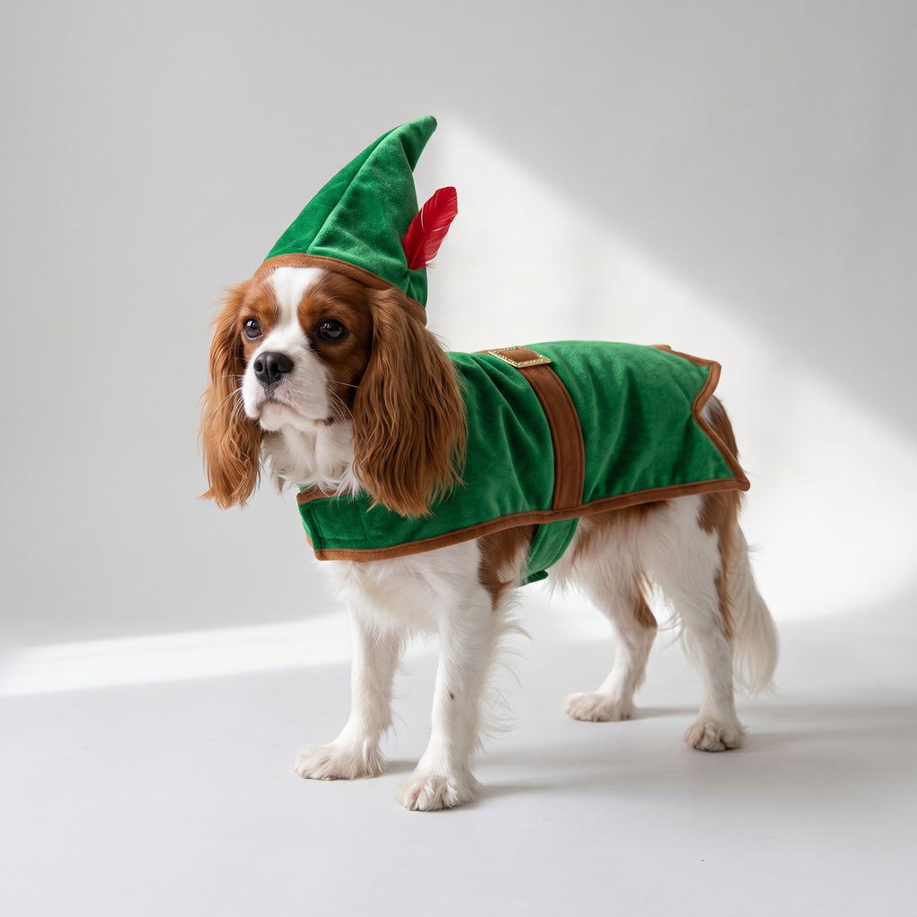 Dog Elf Costume with a Cavalier King Charles, studio photo