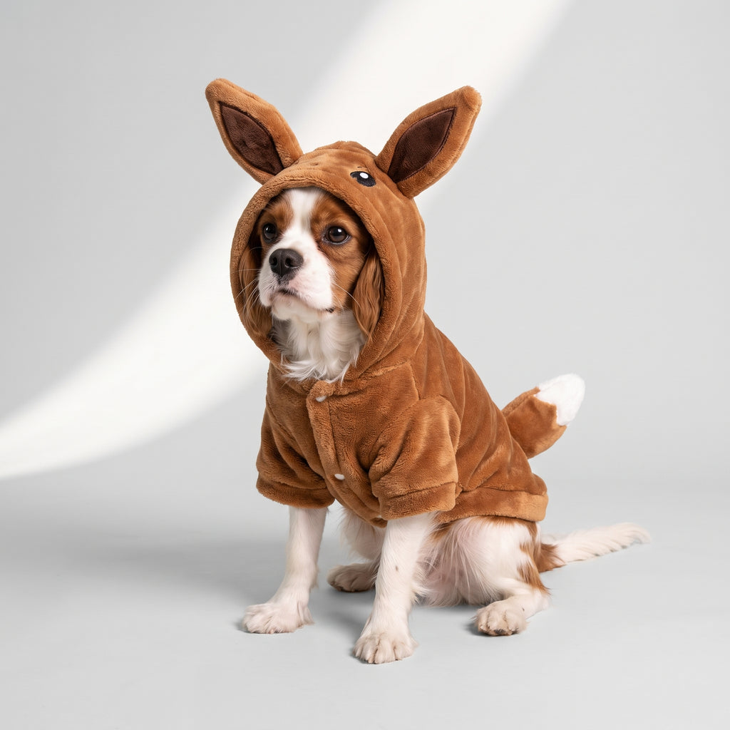 Dog Fox Costume with a Cavalier King Charles, studio photo