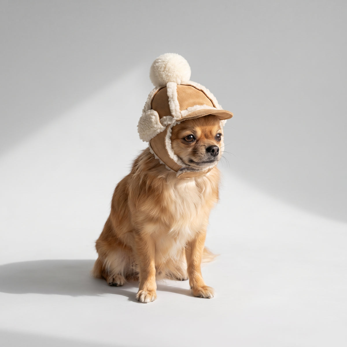 Dog Fur Trapper Hat with a chihuahua, studio photo