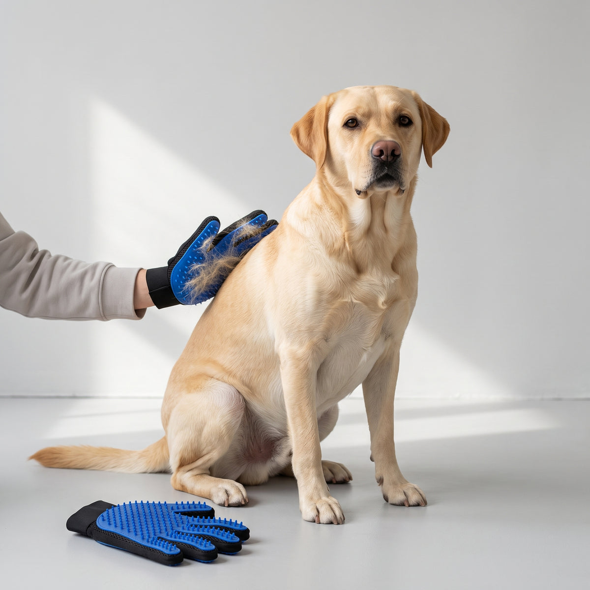 Dog Grooming Glove with a Labrador, studio photo