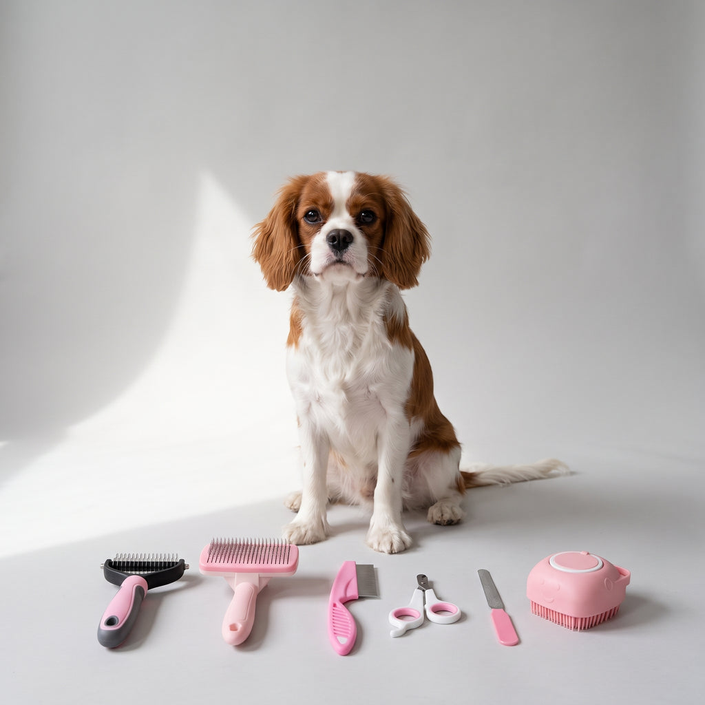 Dog Grooming Set with a Cavalier King Charles, studio photo