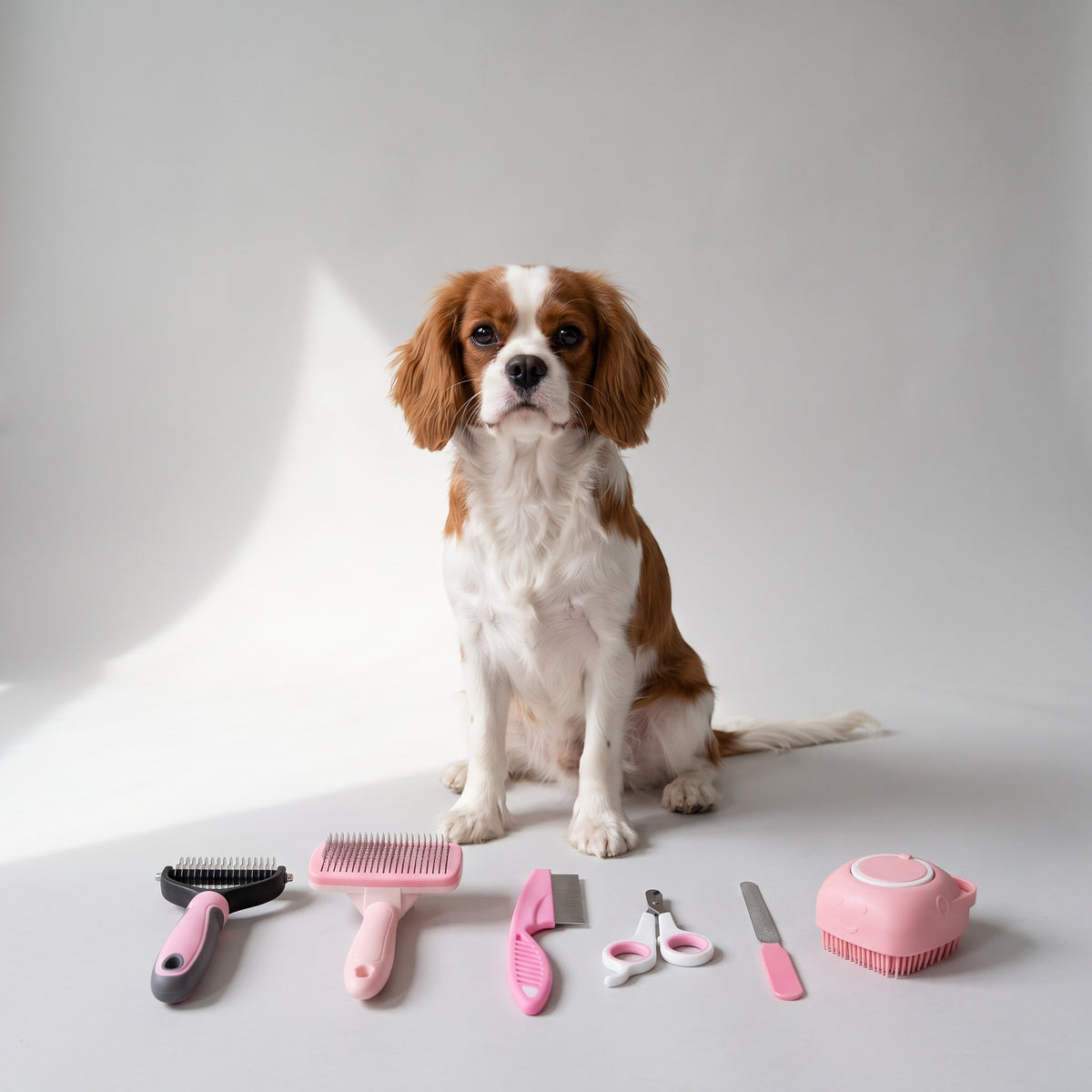 Dog Grooming Set with a Cavalier King Charles, studio photo