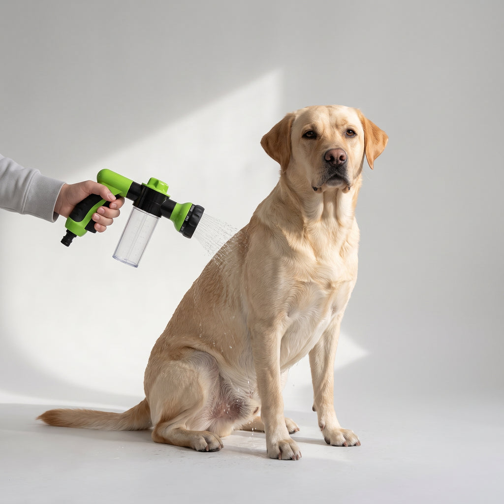 Dog Grooming Spray Nozzle with a Labrador, studio photo