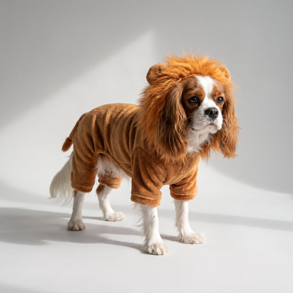 Dog Halloween Costumes Lion with a Cavalier King Charles, studio photo