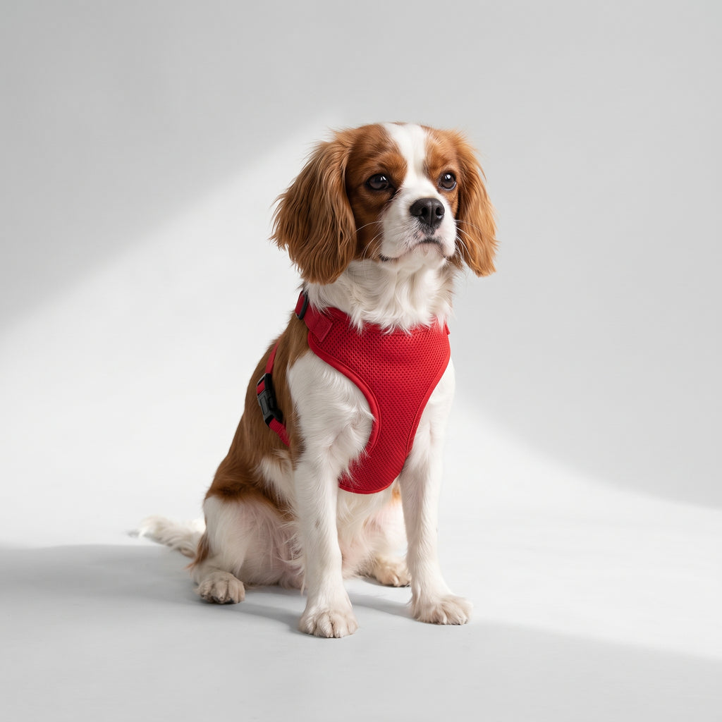 Nylon Mesh Dog Harness for Comfort and Control with a Cavalier King Charles, studio photo
