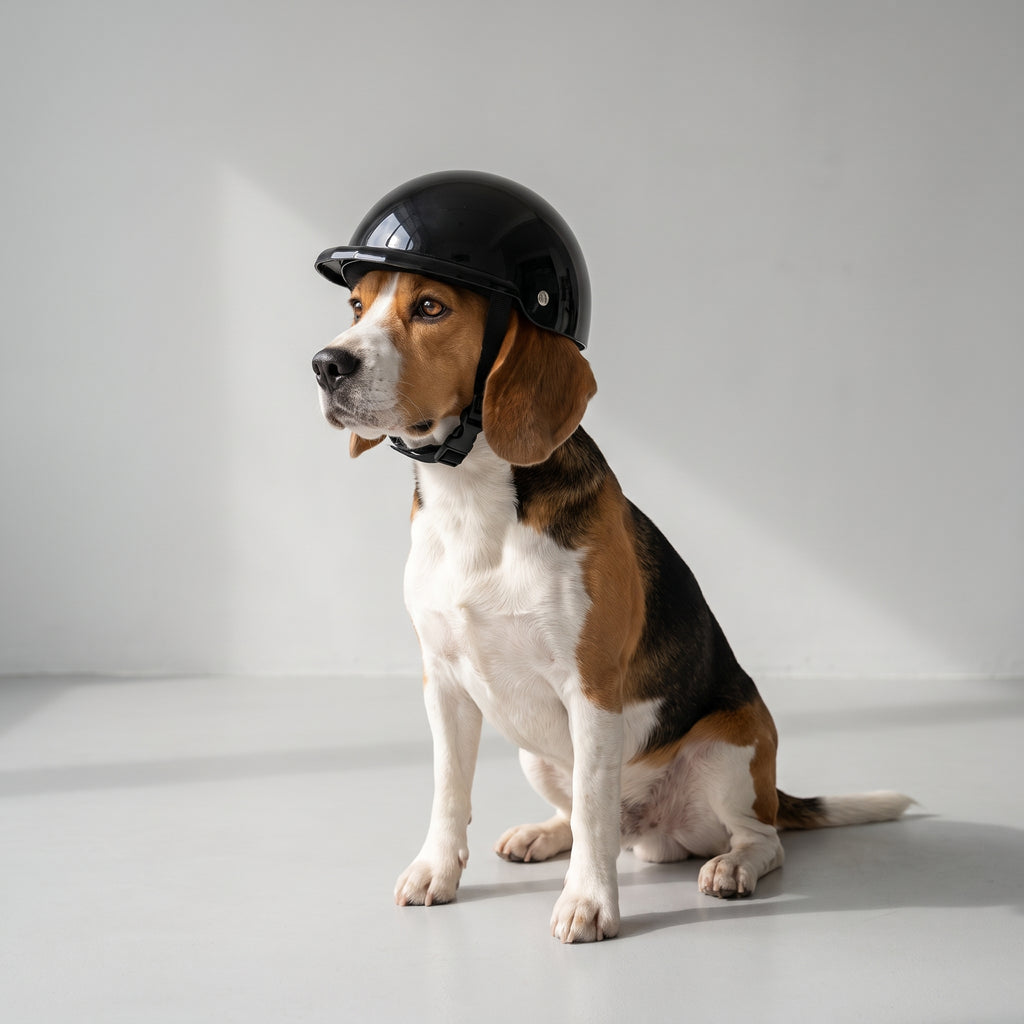 Dog Helmet For Motorcycle with a beagle, studio photo