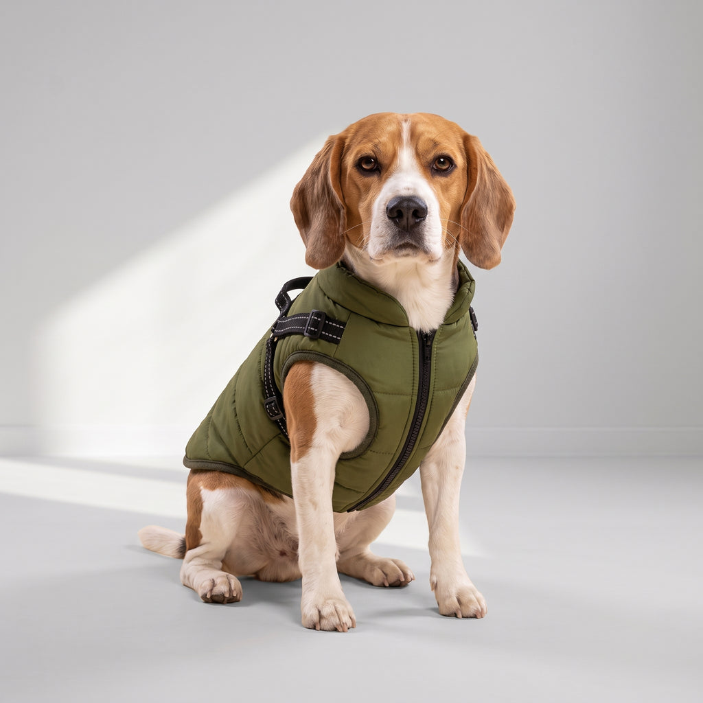 Dog Jacket With Harness with a beagle, studio photo
