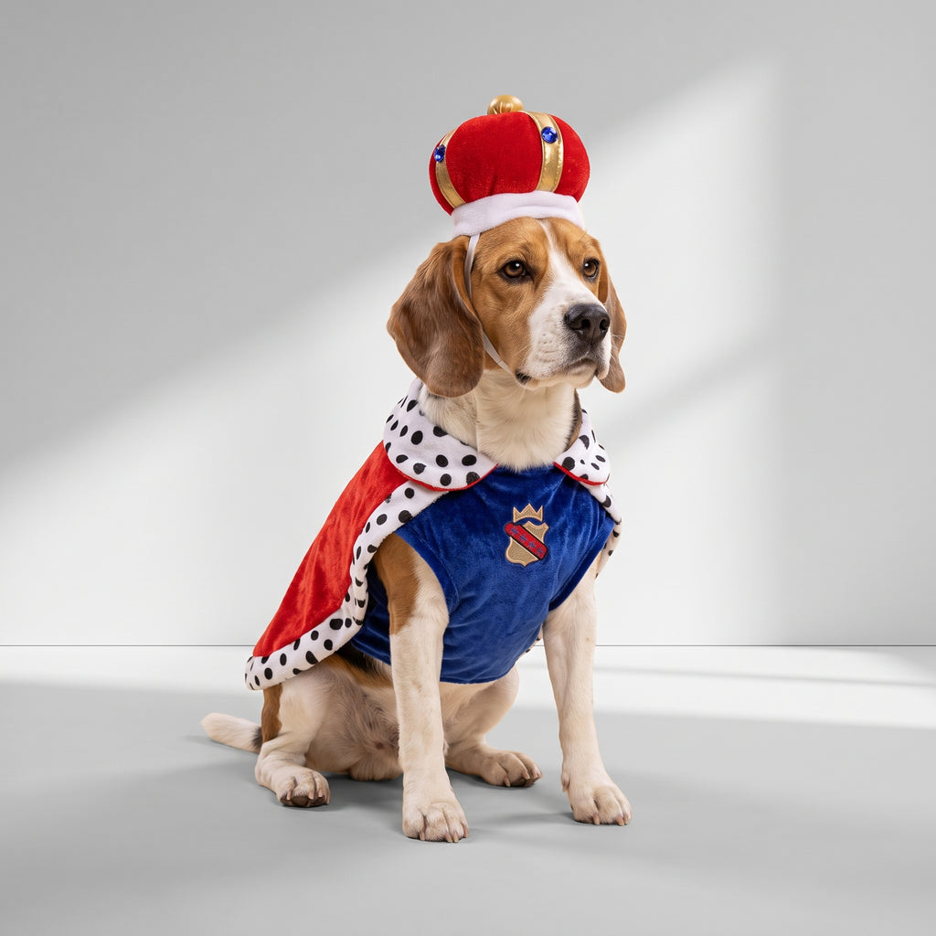 Dog King Costume with a beagle, studio photo