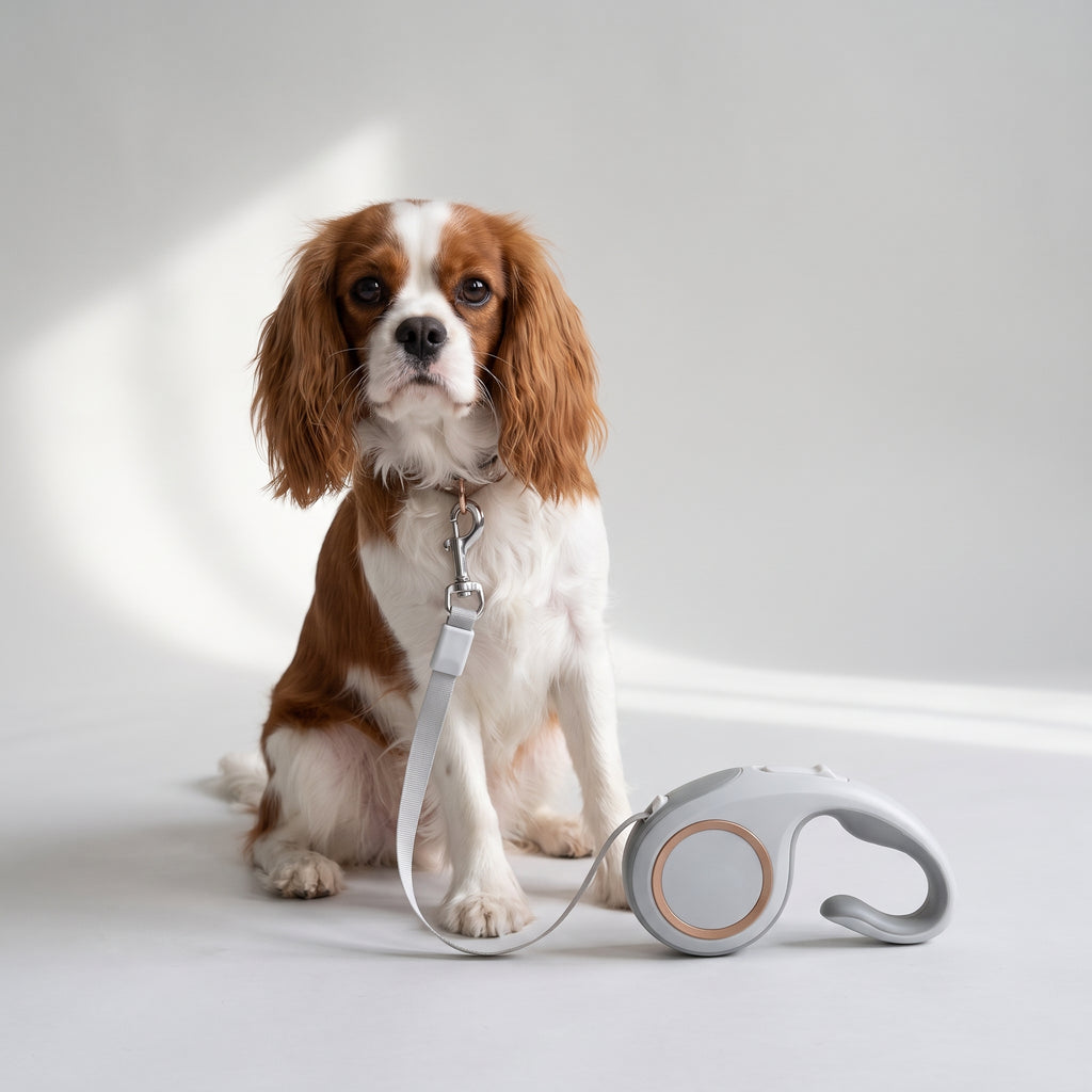 Retractable Dog Leash with Brake Button with a Cavalier King Charles, studio photo
