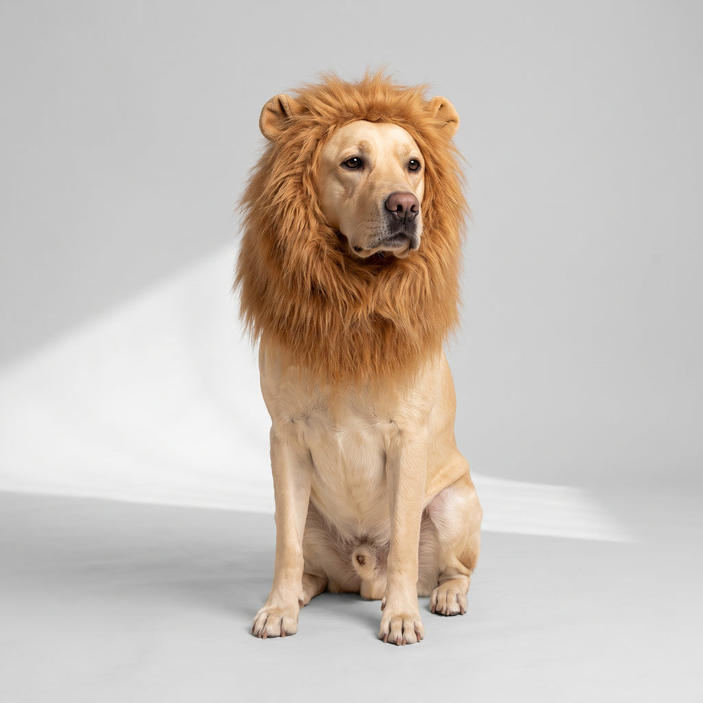 Dog Lion Mane Costume with Adjustable Cord with a Labrador, studio photo