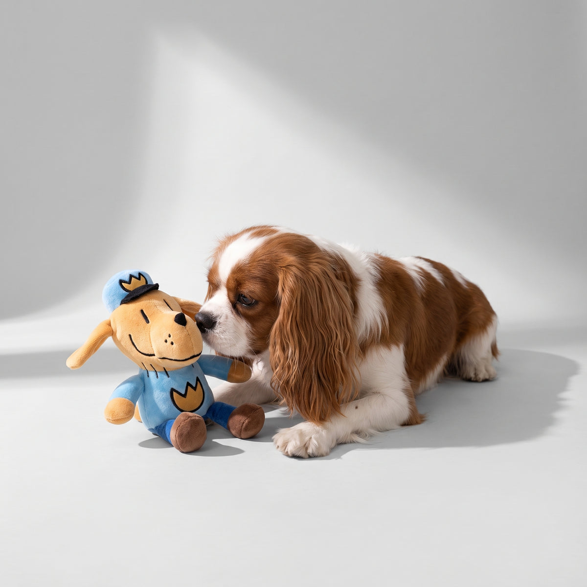 Dog Man Plush Toy with a Cavalier King Charles, studio photo