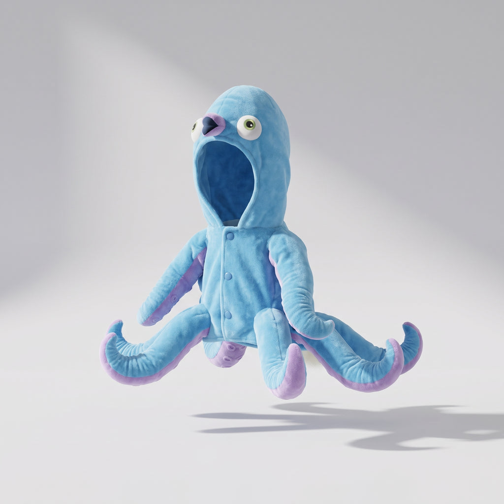Dog Octopus Costume, studio photo on a light grey background