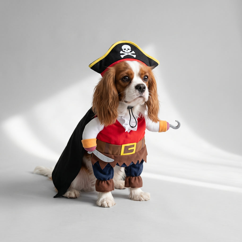 Dog Pirate Costume for Parties and Photos with a Cavalier King Charles, studio photo