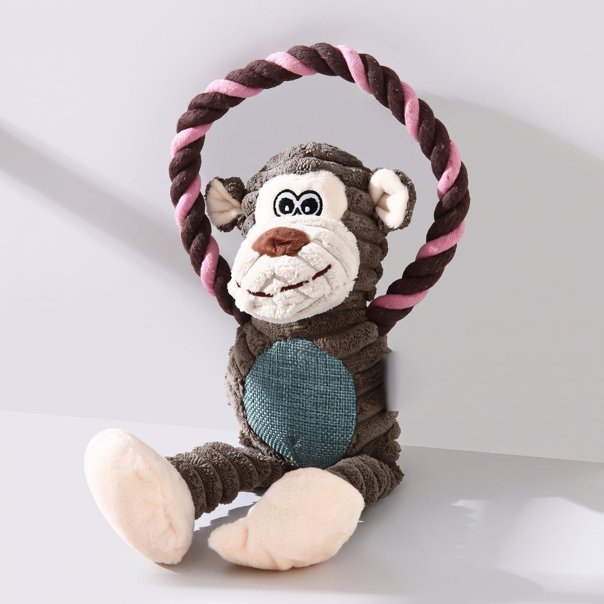 Squeaky Plush Dog Toy, Lion, Elephant, Monkey, studio photo on a light grey background