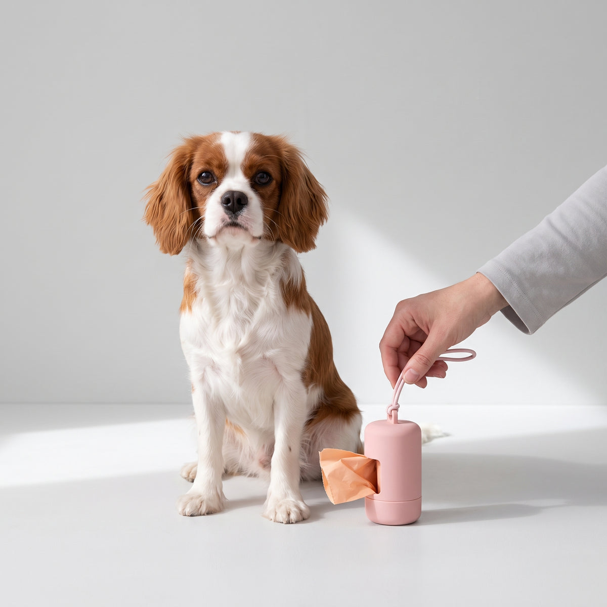 Dog Poop Bag Dispensers with a Cavalier King Charles, studio photo