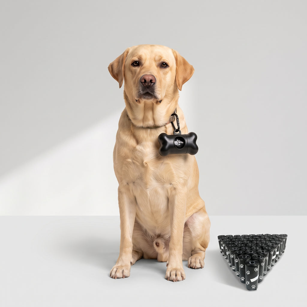Dog Poop Bags, 5 Rolls with Bone Dispenser with a Labrador, studio photo