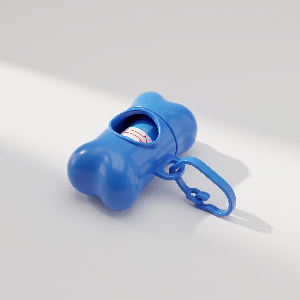 Bone Shaped Poop Bag Dispenser and Waste Bags, studio photo on a light grey background
