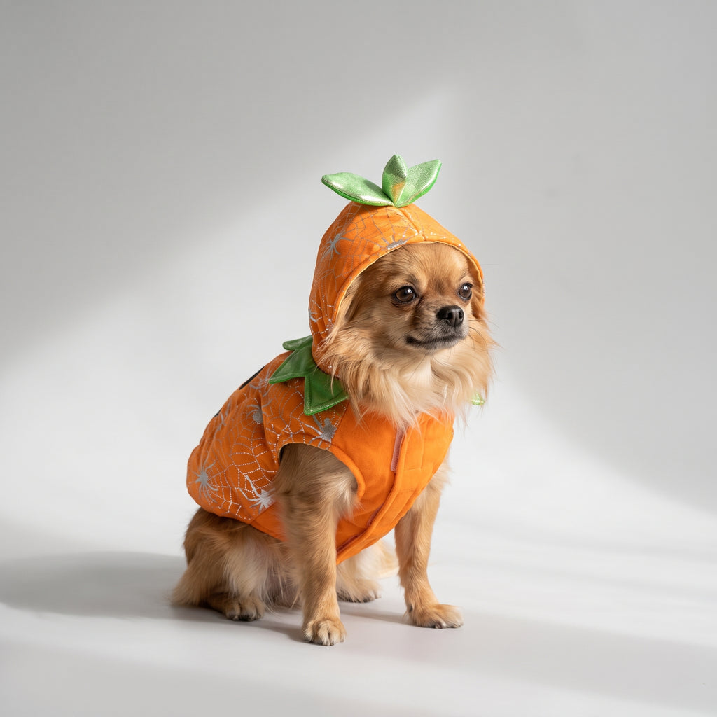 Pumpkin Dog Costume for Fall Parties with a chihuahua, studio photo