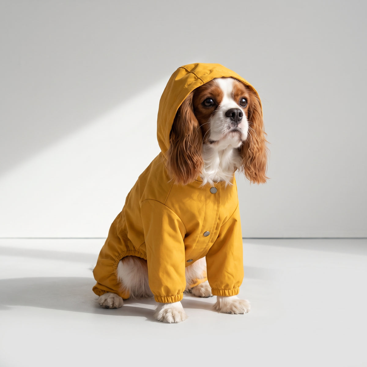 Dog Raincoat With Hood with a Cavalier King Charles, studio photo