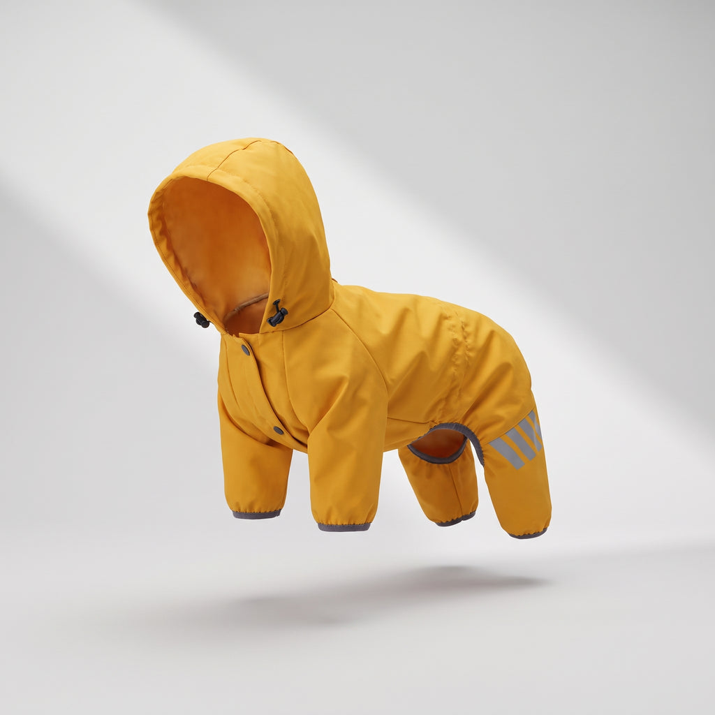 Dog Raincoat With Hood, studio photo on a light grey background