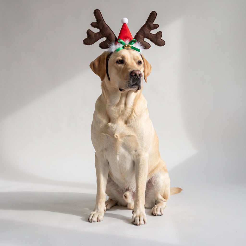 Dog Reindeer Hat with a Labrador, studio photo