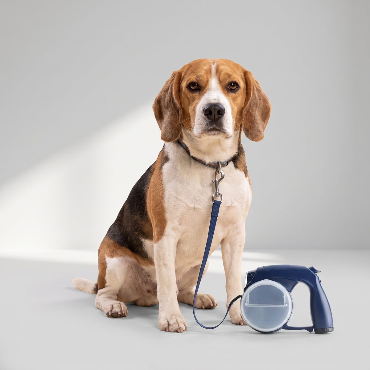 All in One Retractable Leash with Flashlight with a beagle, studio photo