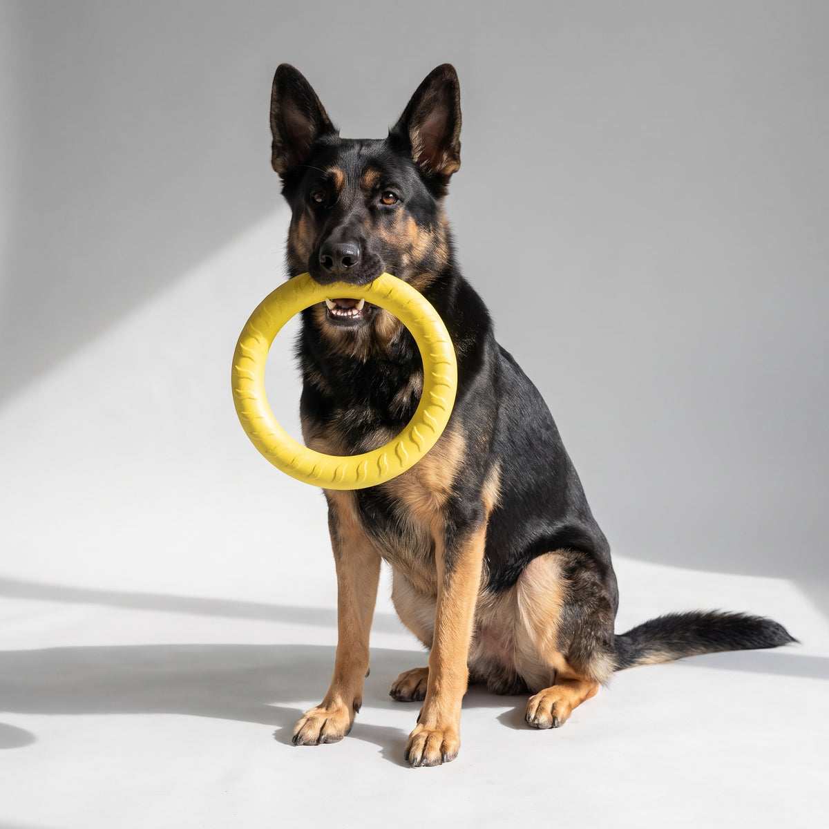 Dog Ring Toy with a German Shepherd, studio photo