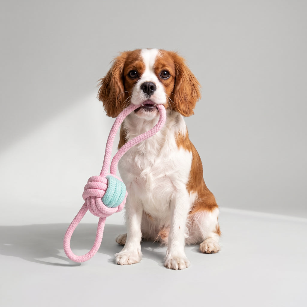 Dog Rope Toy Set with a Cavalier King Charles, studio photo