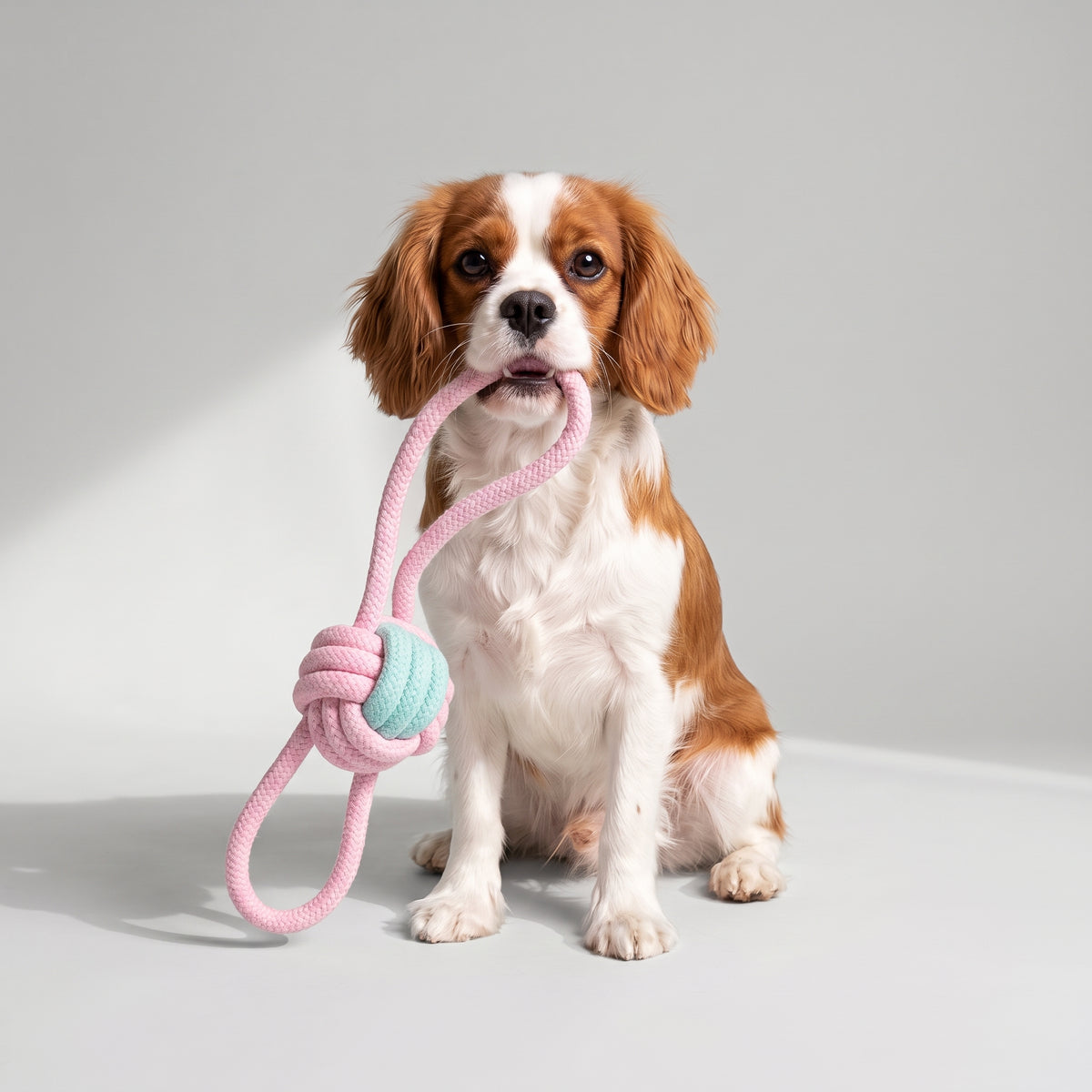 Dog Rope Toy Set with a Cavalier King Charles, studio photo