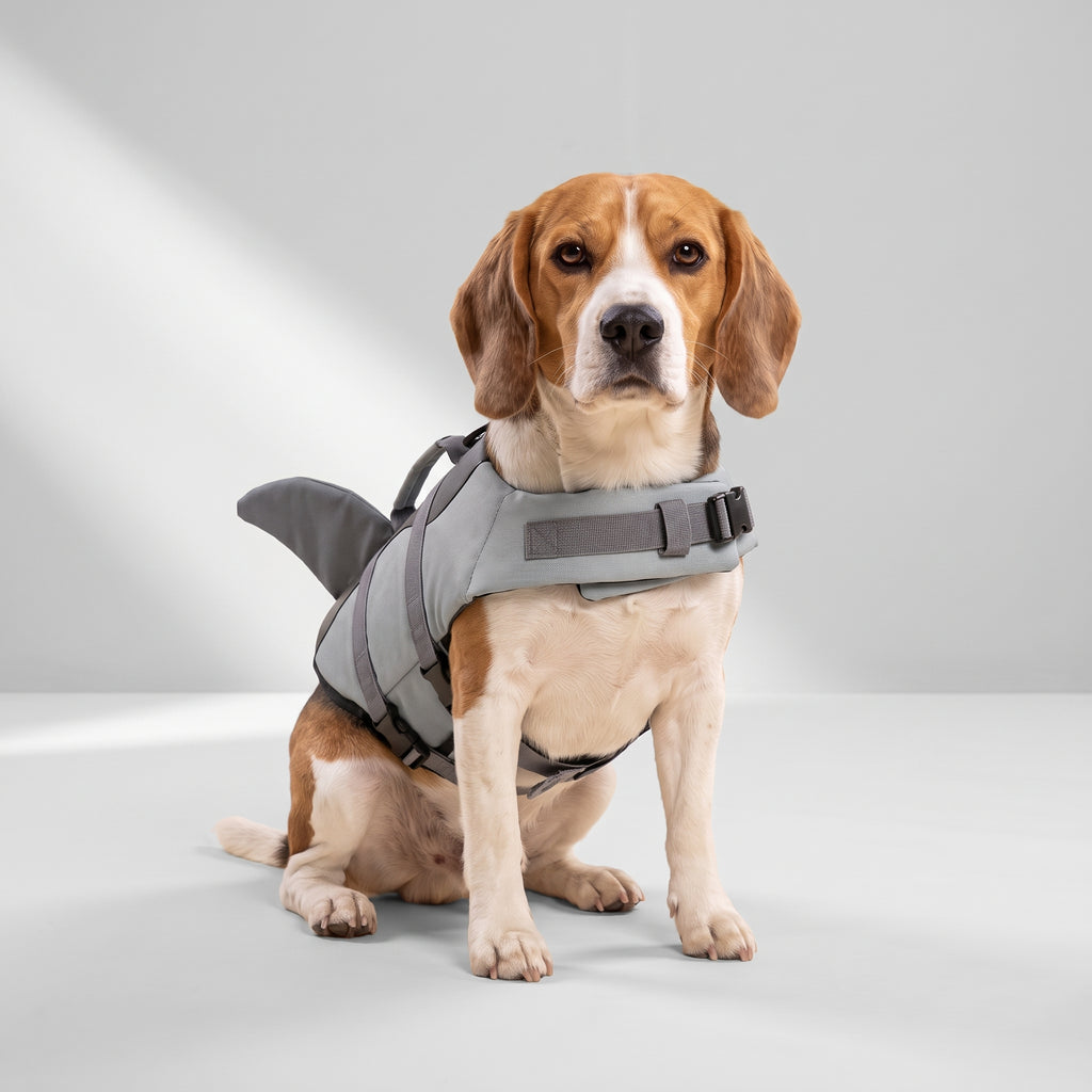 Dog Shark Life Jacket with a beagle, studio photo